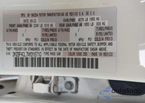 2022 Mazda Mazda3 Preferred из США, поврежденный, VIN 3MZBPACL7NM316710